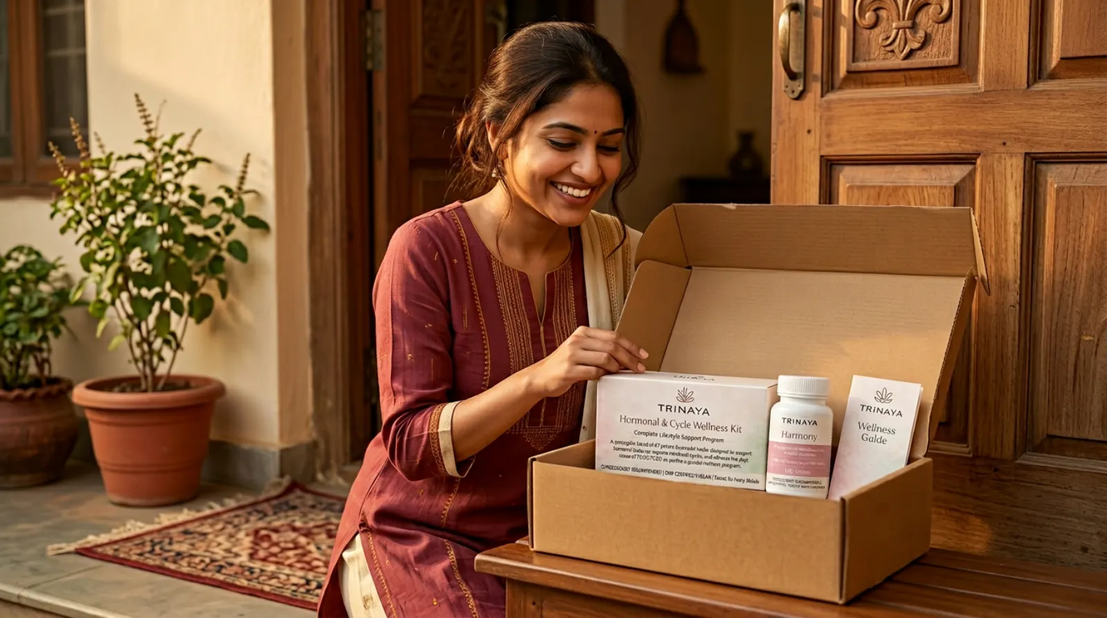 Happy Indian woman opening Trinaya Hormonal and Cycle Wellness Kit delivery at her doorstep