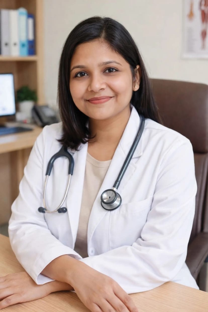 Professional portrait of Indian woman doctor in white coat with stethoscope, warm smile, modern clinic background