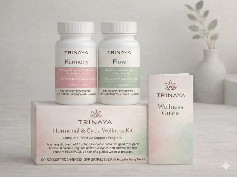 TRINAYA Hormonal & Cycle Wellness Kit with Harmony and Flow supplements, wellness guide, and holistic wellness elements