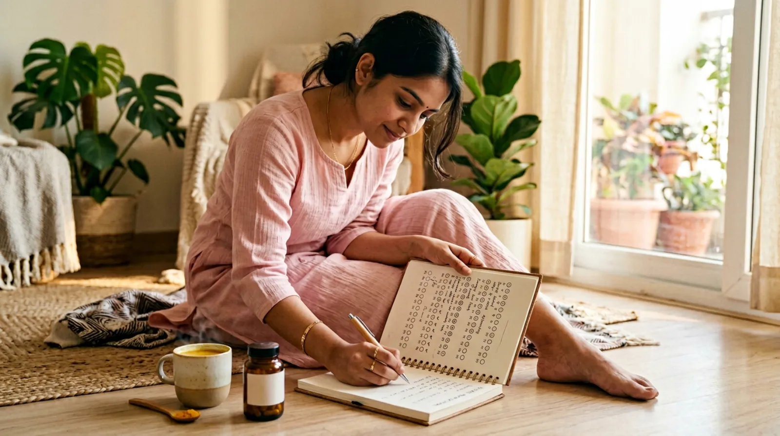 Young Indian woman in pink kurta journaling her 90-day PCOS healing process with herbal tea and Ayurvedic supplements beside her